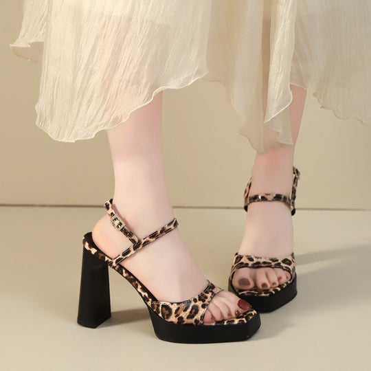 Damen High Heel Sandalen mit animalischem Muster und blockförmigem Absatz R&B
