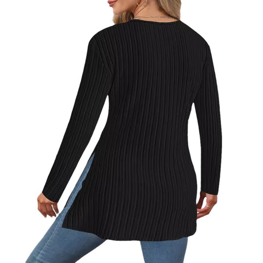 Damen Strickpullover mit modernem Wickel-Design und Seitenschlitzen R&B