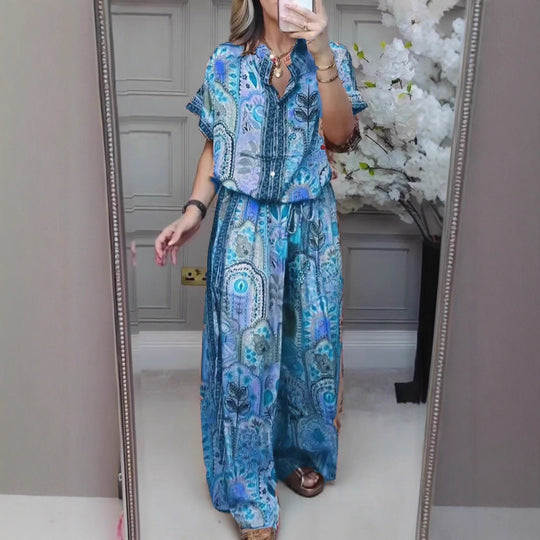 Damen nan Boho-Zweiteiler aus leichter Viskose mit Kurzarmbluse Knopfleiste Kordelbund und weitem Palazzohose R&B