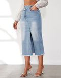 Damen Denim-Midi-Rock mit hohem Schlitz und ausgefranstem Saum R&B