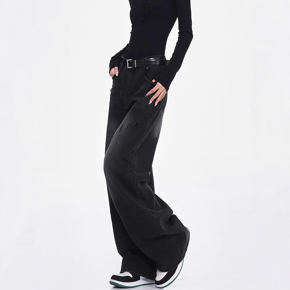 Damen Weite Denim-Hose mit hohem Bund und modischen Rissdetails R&B