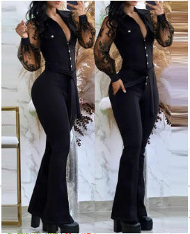 Damen Eleganter Jumpsuit mit transparenten Ärmeln und tailliertem Schnitt R&B