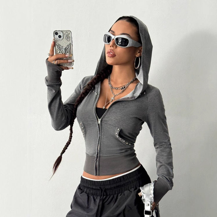 Damen modische Zip-Hoodie mit Silberschmuck-Details R&B