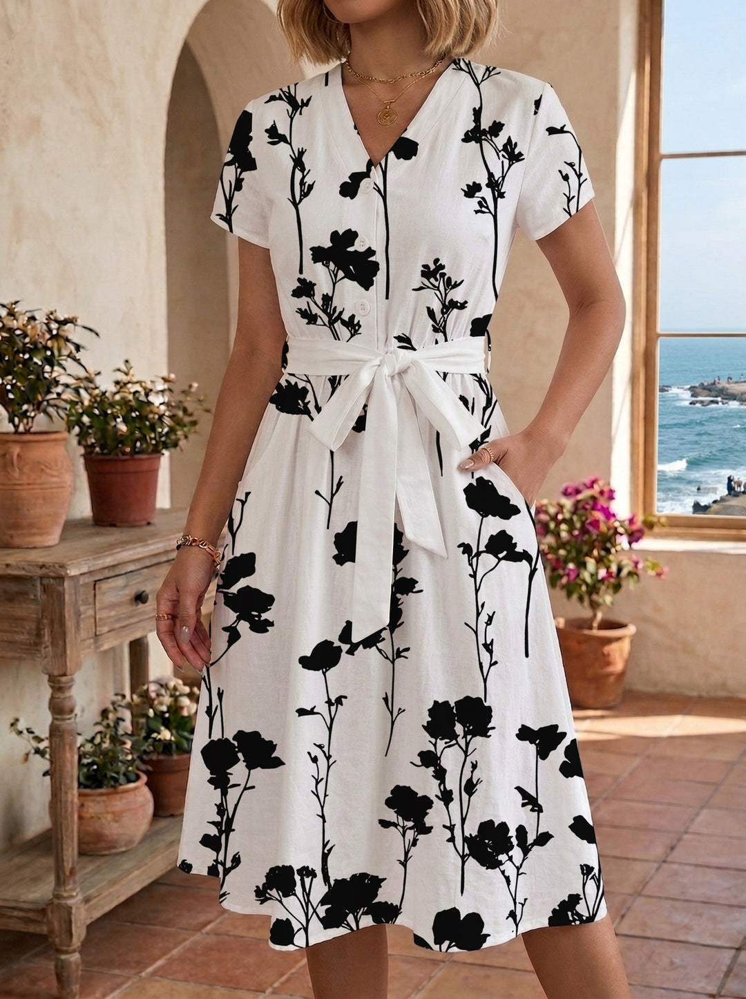 Damen Blühendes Midikleid mit taillierbarem Gürtel und kunstvollem Print R&B