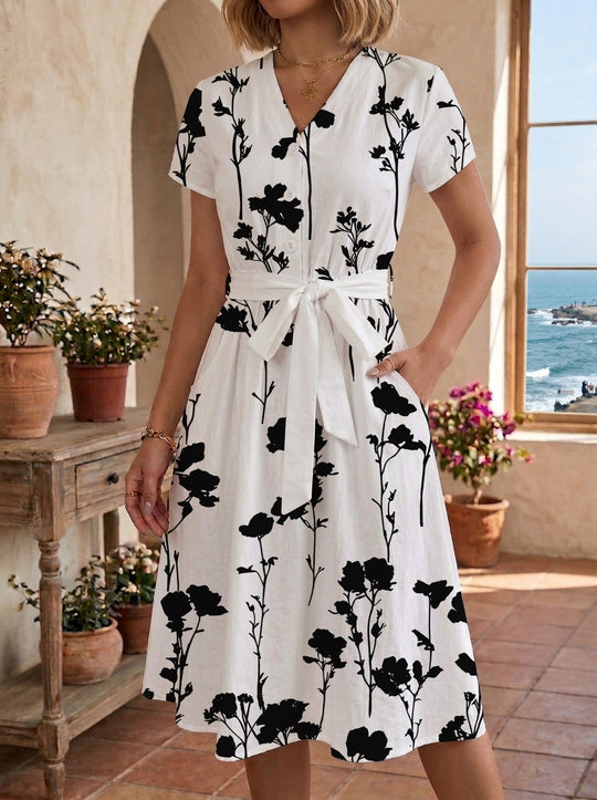 Damen Blühendes Midikleid mit taillierbarem Gürtel und kunstvollem Print R&B