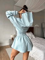 Damen nan kurzes tailliertes Cropped-Hoodie Set mit elastischem Highwaist-SmokR&Bund und weiter Lounge-Shorts R&B