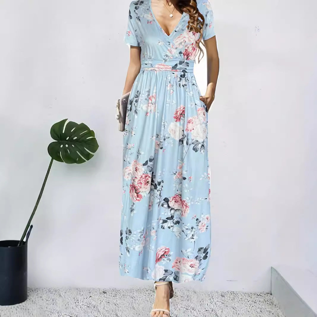 Damen Maxikleid mit tiefem V-Ausschnitt und floralem Design R&B