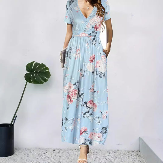 Damen Maxikleid mit tiefem V-Ausschnitt und floralem Design R&B