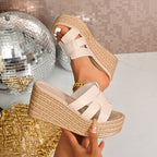 Damen Plateau-Pantoletten mit stilvollem Riemendesign und raffinierter Jute-Textur R&B