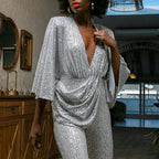 Damen Glamouröser Jumpsuit mit funkelnden Pailletten und weitem Bein R&B