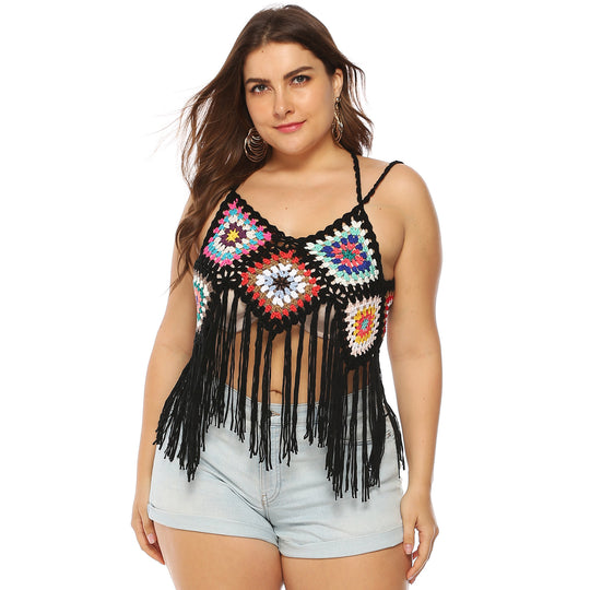 Damen gehäkeltes Crop-Top mit buntem Fransen-Design R&B