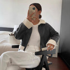 Damen Kunstlederjacke im modernen Biker-Stil mit Fellkragen und kurzen Ärmeln R&B