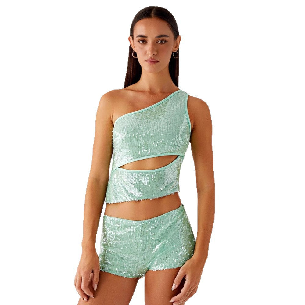Damen Glitzernder Top und Shorts Set R&B