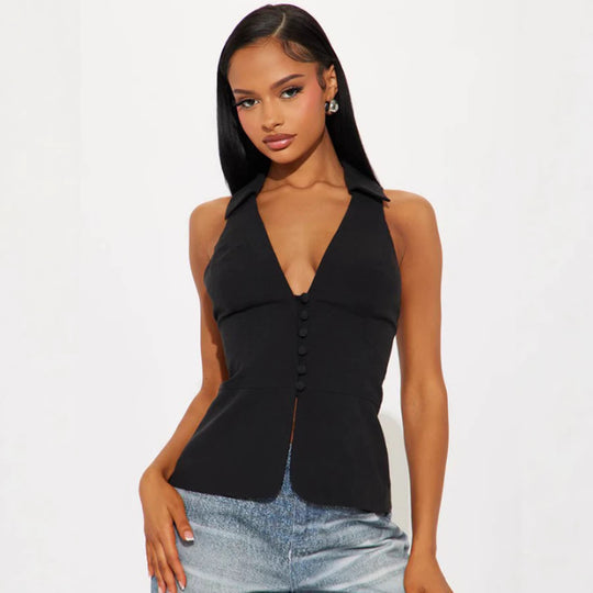 Damen elegantes ärmelloses Top mit figurbetontem Schnitt und stylischem Kragen R&B
