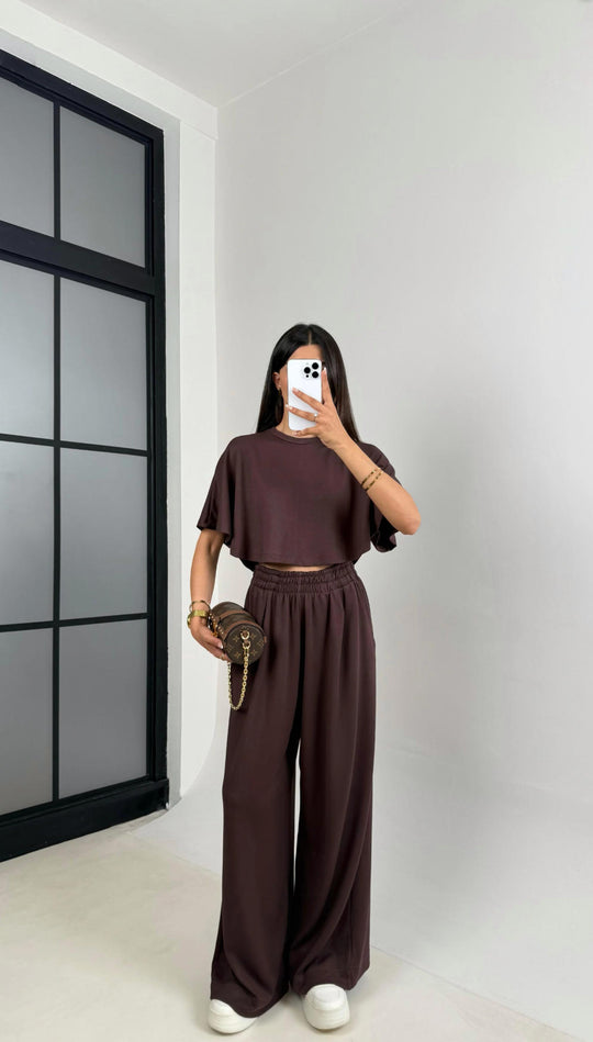 Damen Lässiges Freizeit-Set mit cropped Oberteil und weiten Hosen R&B