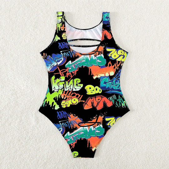 Damen Sportlicher Einteiler Badeanzug mit kreativem Graffiti-Design R&B