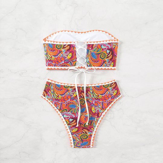 Damen Bandeau-Bikini mit buntem Psychedelic-Design und eleganten Rüschen R&B