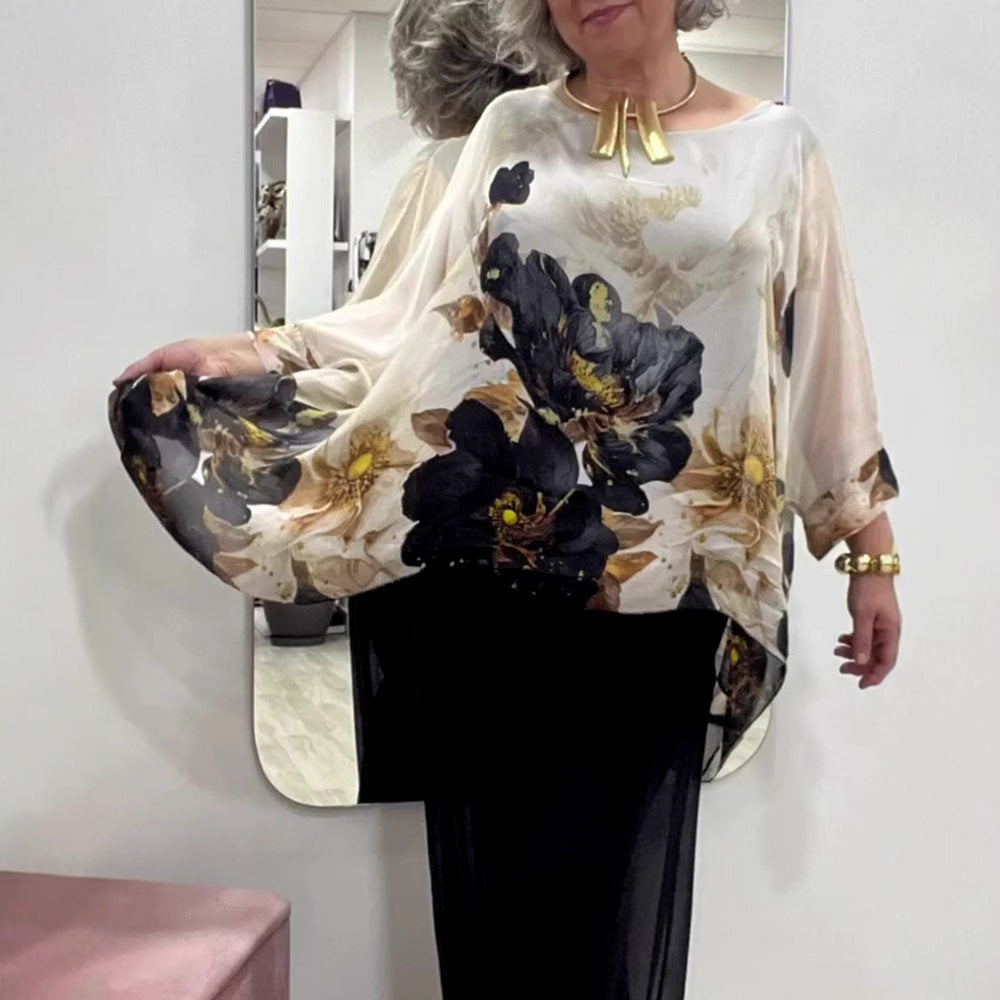 Damen nan elegante Chiffon-Tunika mit Fledermausärmeln und asymmetrischem Saum R&B