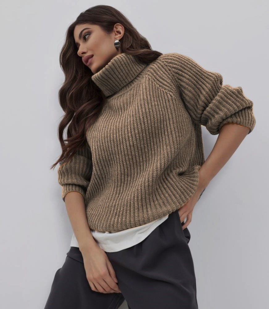 Damen Strickpullover mit hohem Kragen und Wabenstruktur R&B