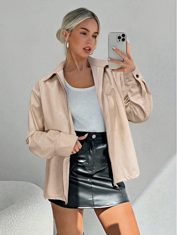 Damen leichtgewichtige Kunstlederjacke mit modernem Reißverschluss R&B