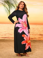 Damen Langärmliges Strandkleid mit floralem Druck R&B