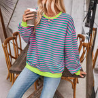 Damen lässiger Oversized Sweatshirt mit bunten Streifen und Kapuzenkordel R&B