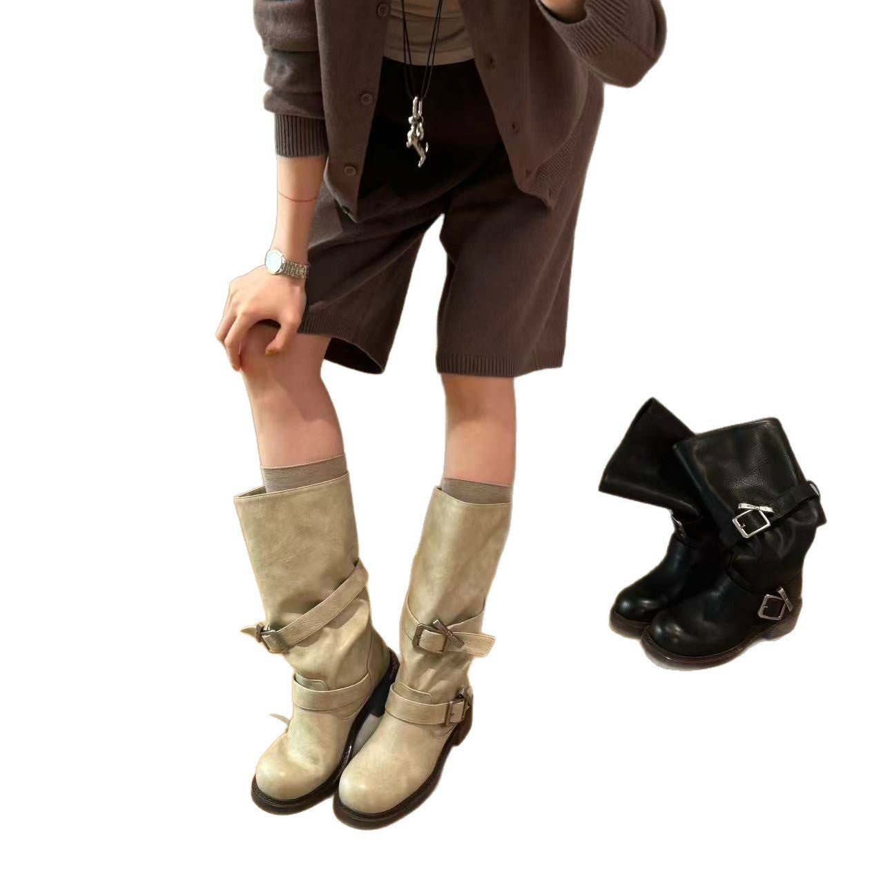 Damen modische Winterstiefel mit praktischen Schnallen und robustem Profil R&B