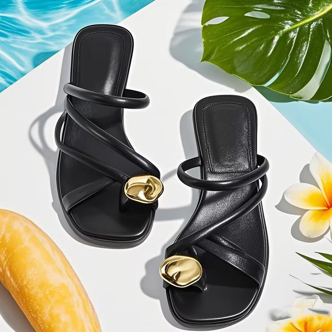 Damen Elegante Zehensteg-Sandalen mit geschmeidigem Riemendesign und luxuriösem Akzent R&B