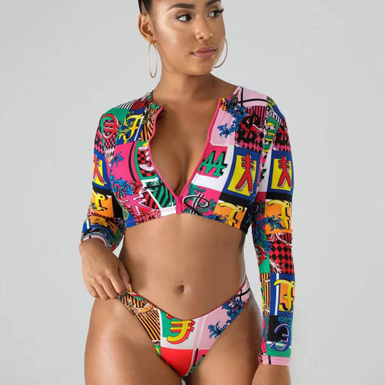 Damen Surf-Bikini-Set mit langärmeligem Oberteil und modischem Reißverschluss R&B