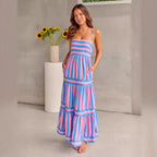 Damen Maxikleid mit Streifenmuster und fließendem Rock R&B