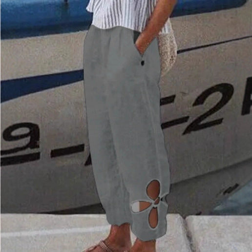 Damen nan leichte Sommerhose mit elastischem Bund, gerafftem Knöchel und blütenförmiger Aussparung R&B
