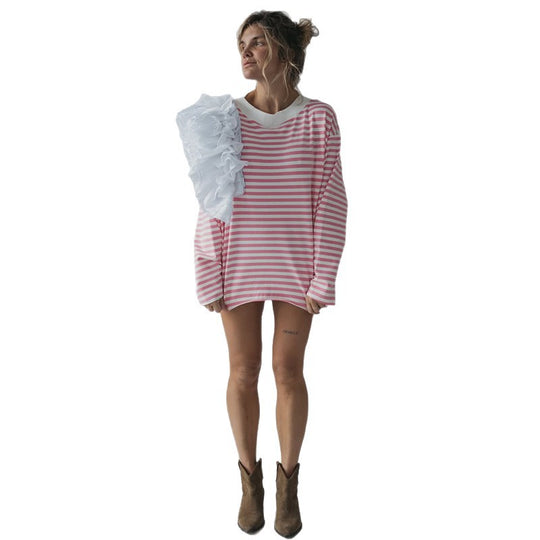 Damen Oversize Streifenpullover mit Rüschendetails R&B