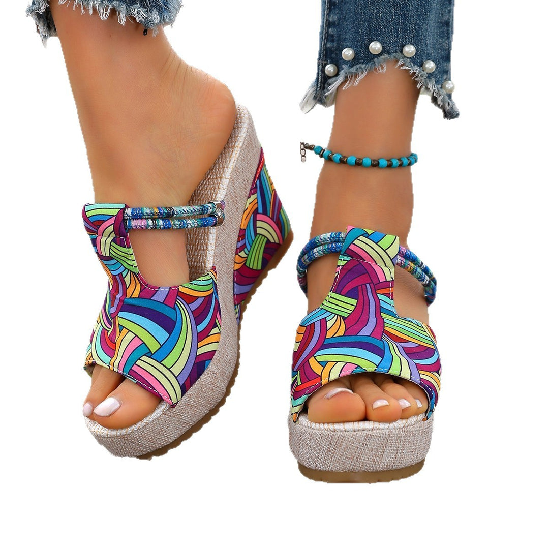 Damen modische Wedge-Sandalen mit buntem Mustermix und bequemer Sohle R&B