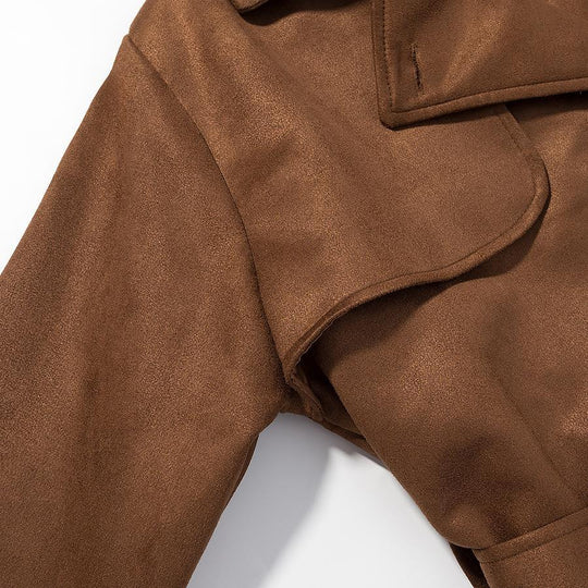 Damen Tragbare Wildleder-Trenchcoat mit Gürtel und großen Taschen R&B
