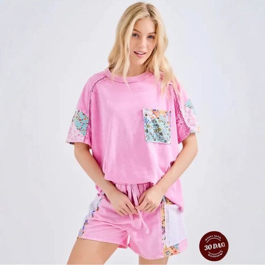 Damen nan lässiges Loungewear-Zweiteiler mit Oversize-Shirt, Kordelshorts, Patchwork-Tasche und Häkelbesatz R&B
