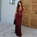 Damen Elegantes Maxikleid mit tiefem V-Ausschnitt und Spitzeneinsatz R&B