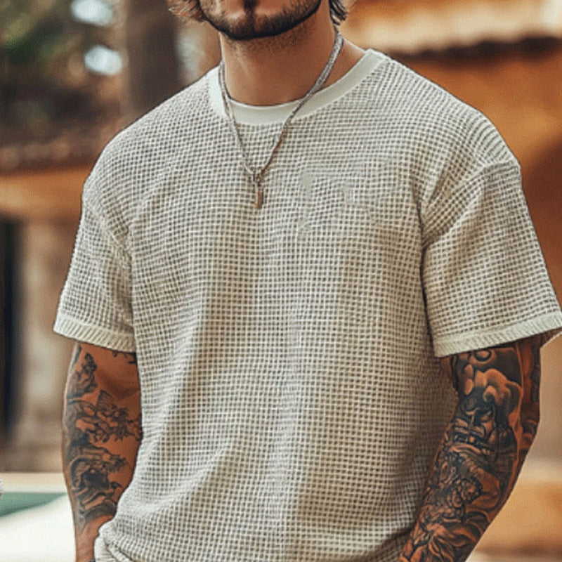 Herren lässiges Waffelstrick-T-Shirt mit Rundhalsausschnitt R&B