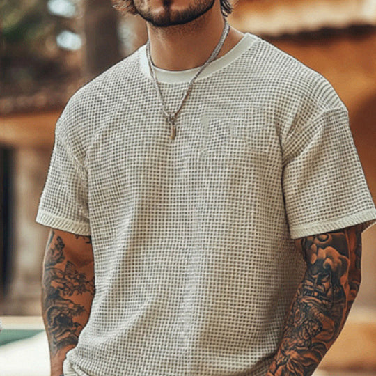 Herren lässiges Waffelstrick-T-Shirt mit Rundhalsausschnitt R&B