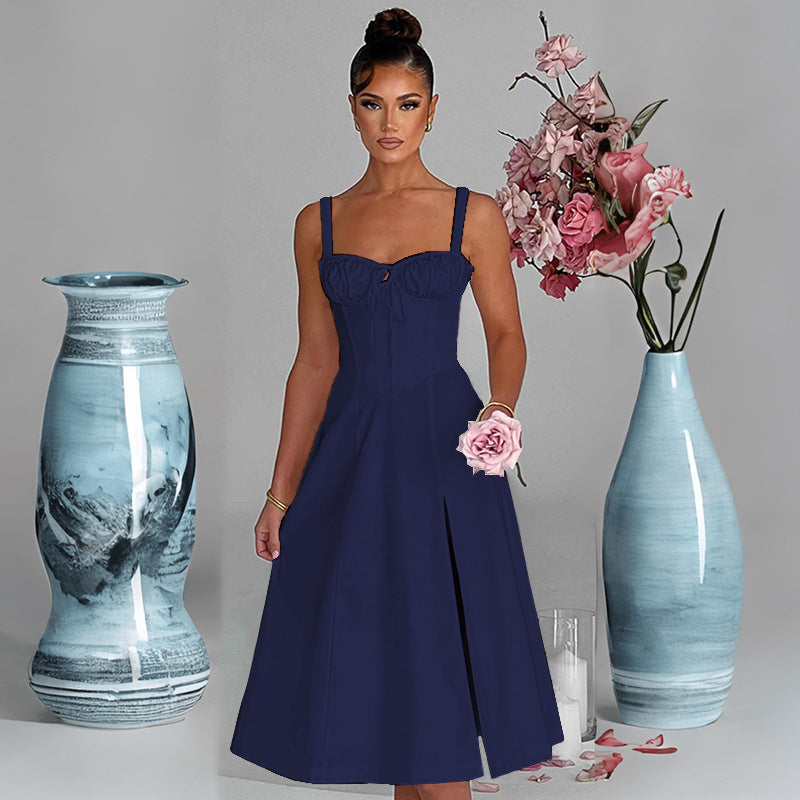 Damen raffinierte Midi-Robe mit tiefem Schlitz und Rüschendetails R&B