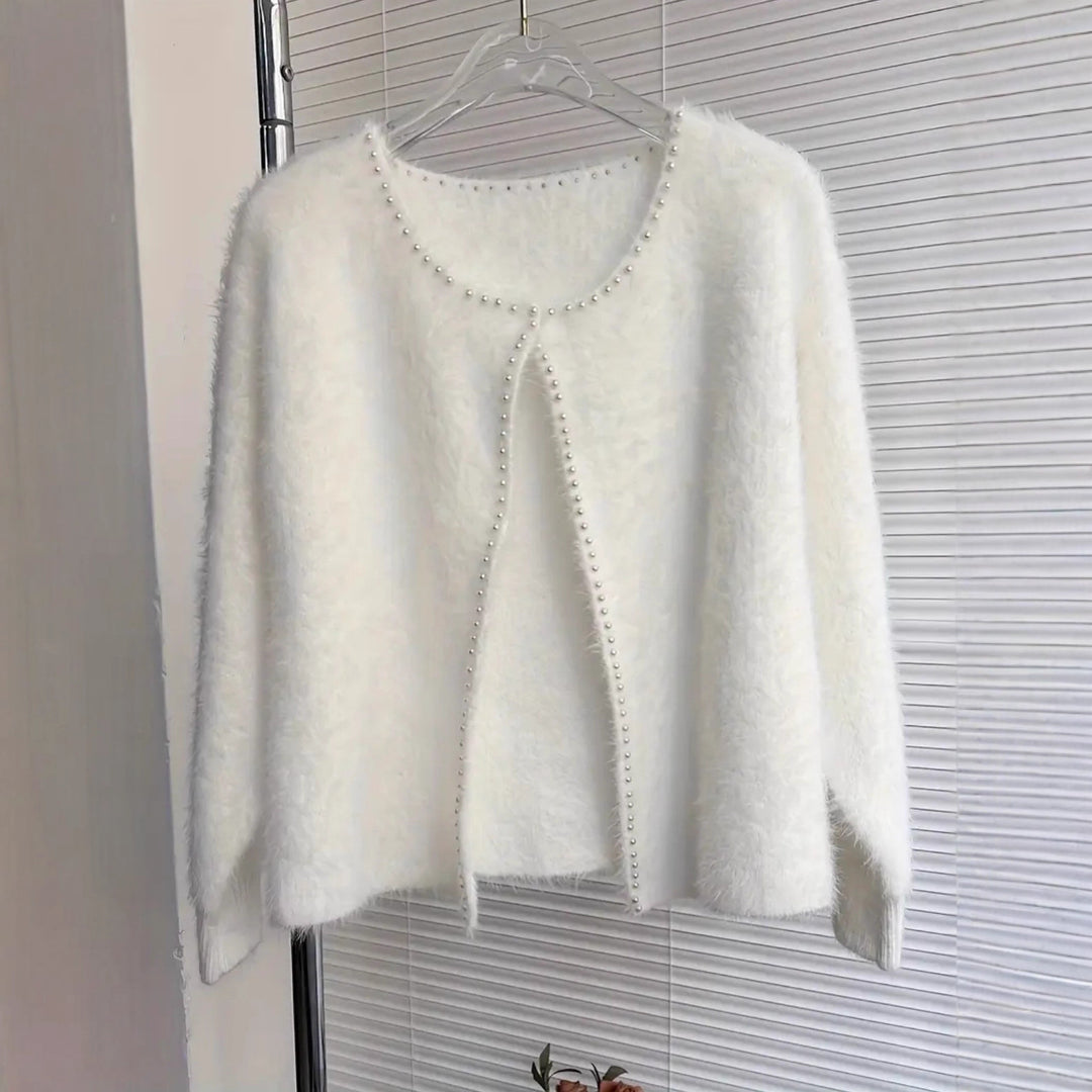 Strickjacke Damen flauschig mit Perlenverzierung