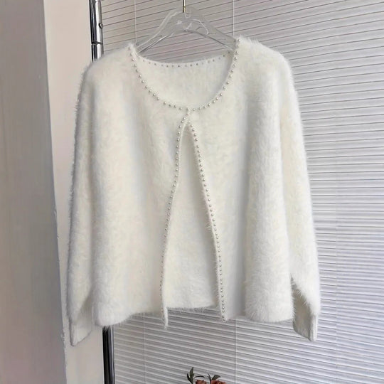 Strickjacke Damen flauschig mit Perlenverzierung