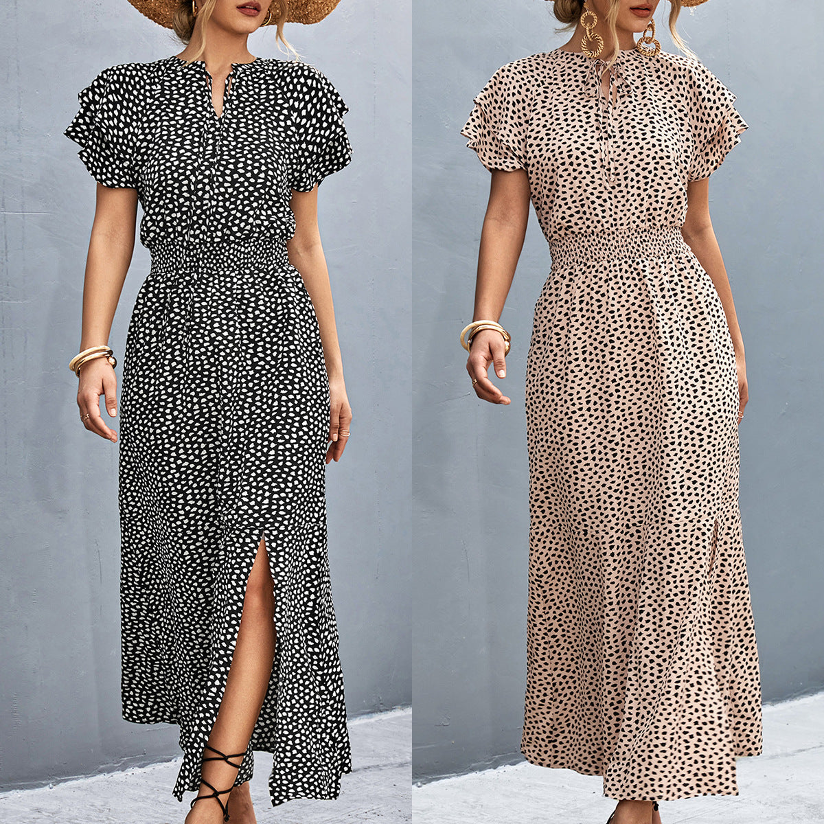 Damen Maxikleid mit modernem Rüschendesign und elastischem Taillenbund R&B