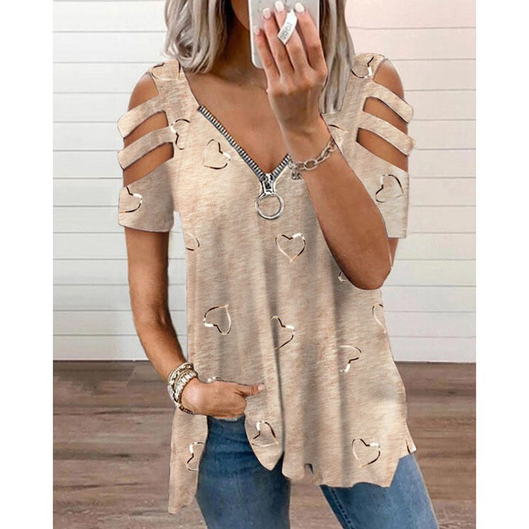 Damen V-Ausschnitt T-Shirt mit Cut-Outs und Herzdesign R&B