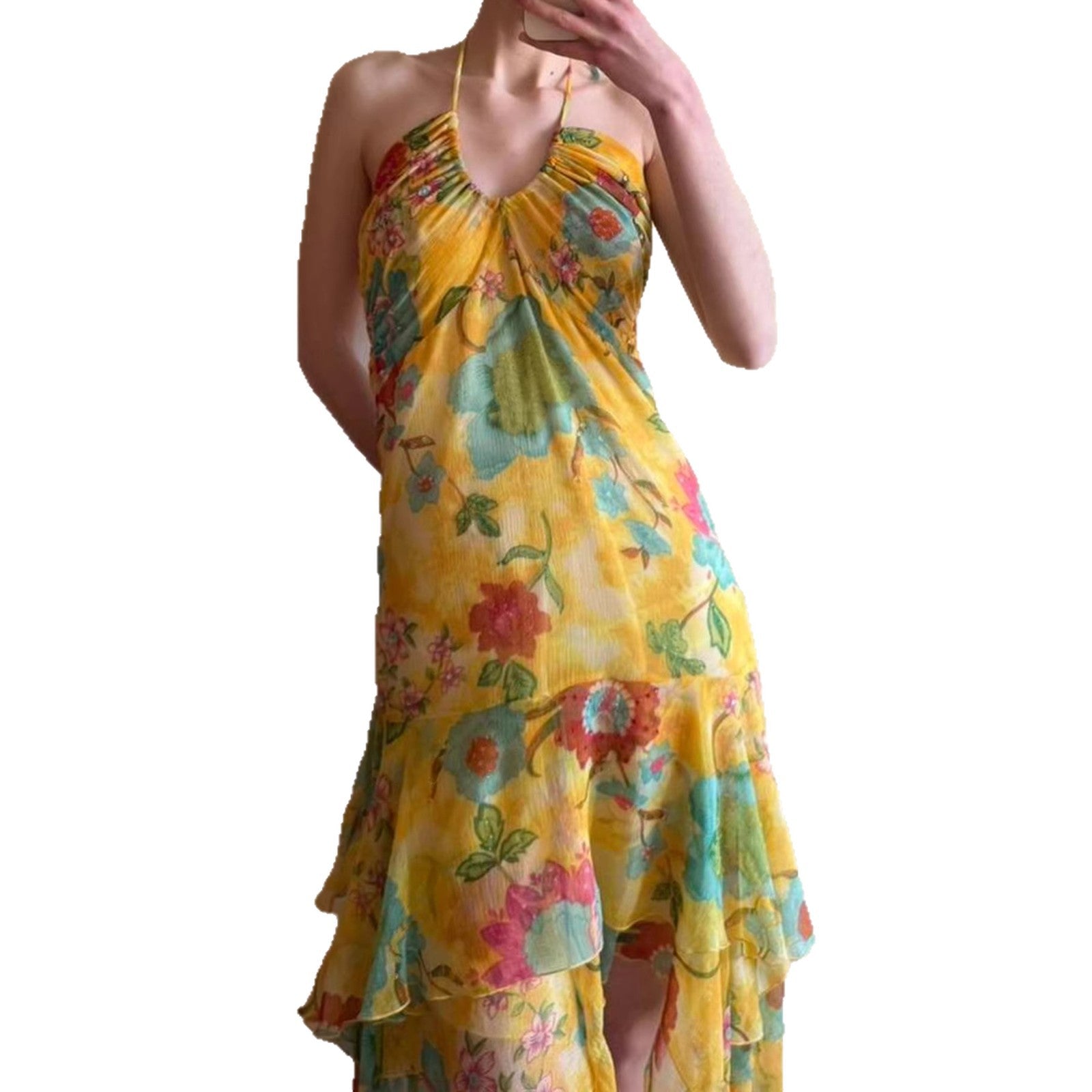 Damen Maxikleid mit floralem Lagenlook und Spaghettiträgern R&B