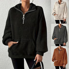 Damen kuscheliger Fleece-Pullover mit halbem Reißverschluss und Seitentaschen