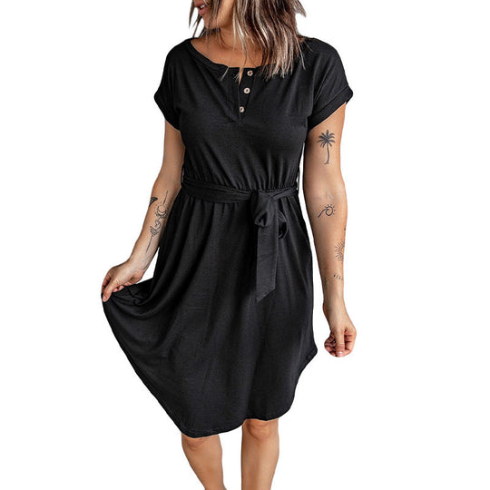 Damen lässiges Knopfkleid mit Taillengürtel und kurzem Ärmel R&B