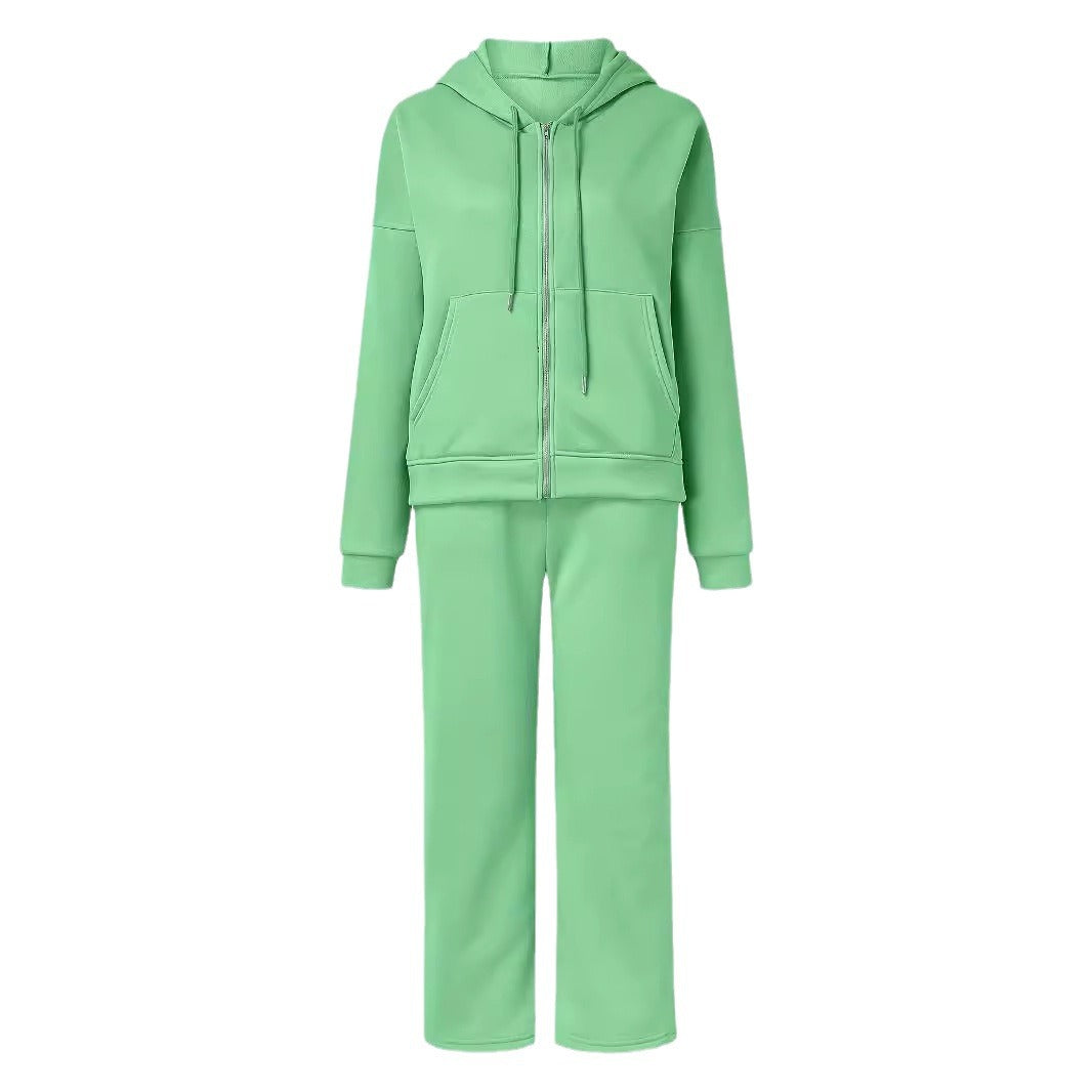 Damen bequemer und stilvoller Loungewear-Anzug mit zipbarem Hoodie und weitem Bein R&B