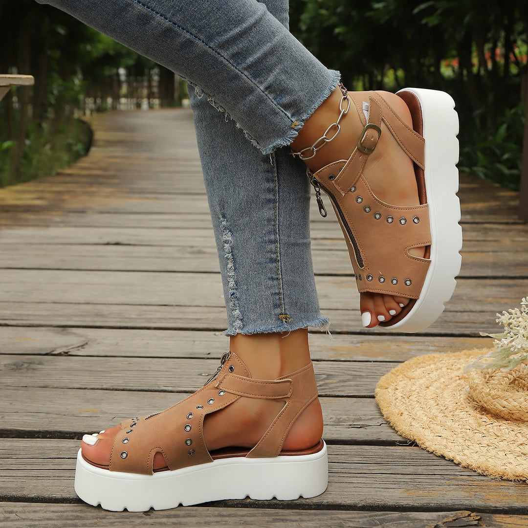 Damen Offene Plateau-Sandalen mit modischem Reißverschlussdesign und eleganten Ösen R&B