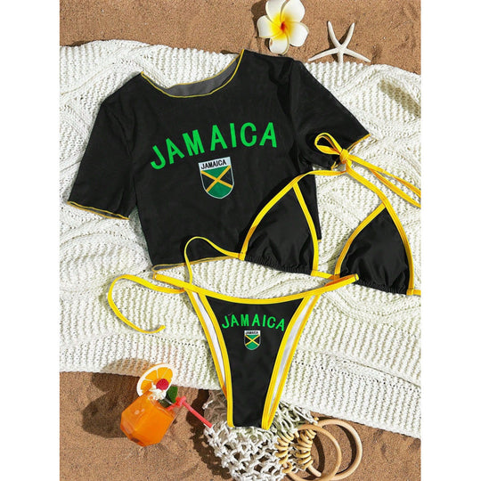 Damen Crop-Top Bikini-Set mit sportlichem Schnitt und Brasil-Print R&B