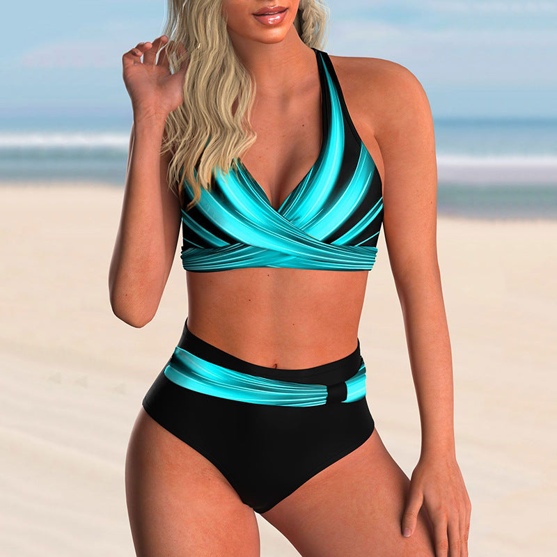 Damen Bikini-Set mit gewundenem Oberteil und hohem Bund R&B